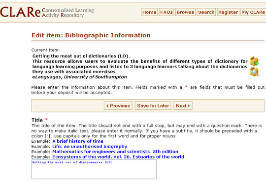 Entering metadata into CLARe Entering metadata into CLARe